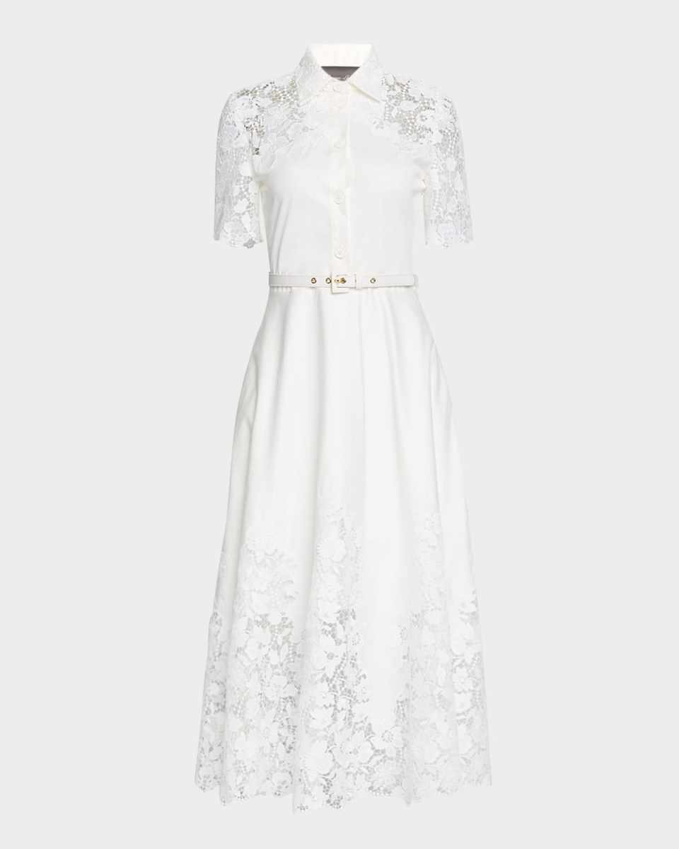 Lace-Inset Short-Sleeve Cotton Midi Shirtdress